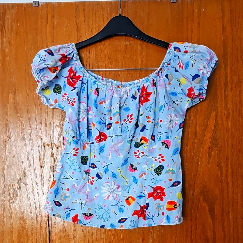 Dapper Day Size Large Floral Blue Women's Top Fall Mushrooms